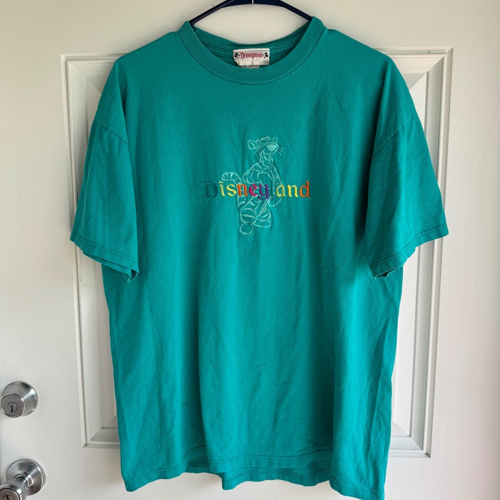 Vintage Disneyland Tigger Embroidered Teal Green T-Shirt Made in USA Large